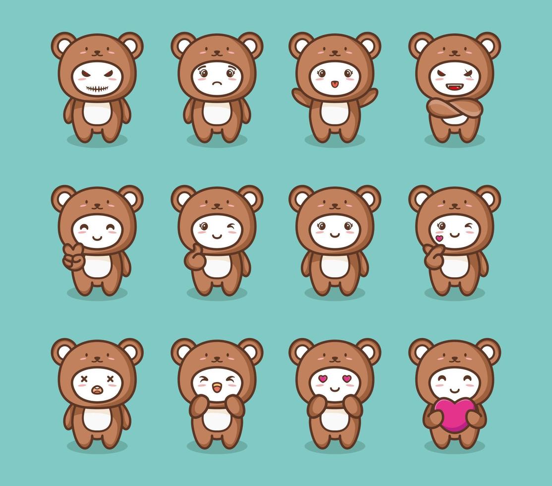 conjunto de disfraz de oso con varias expresiones vector