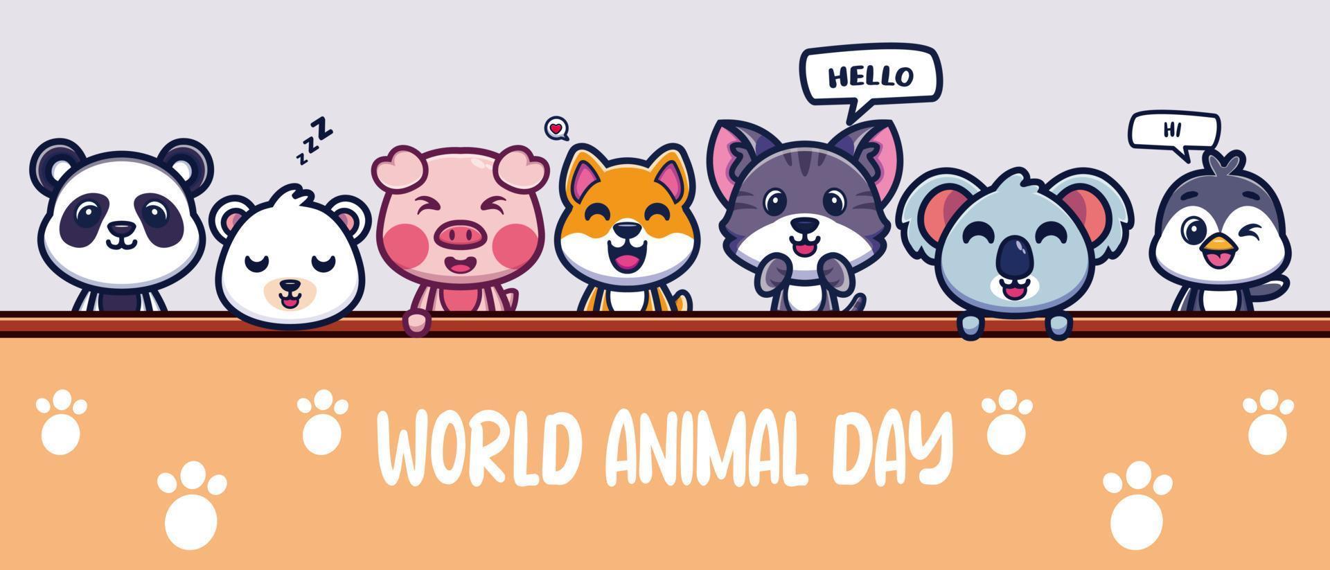 Cute animals celebration world animal day cartoon icon illustration vector