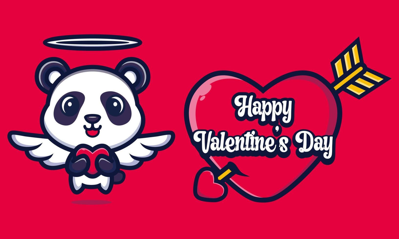 lindo panda abrazando un corazón con saludos de feliz día de san valentín vector