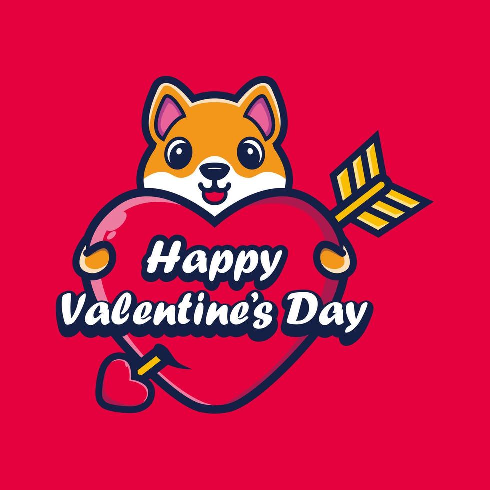 lindo perro shiba inu abrazando un corazón con saludos de feliz día de san valentín vector