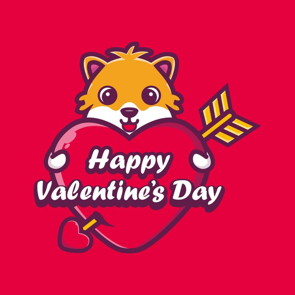 lindo hámster abrazando un corazón con saludos de feliz día de san valentín vector