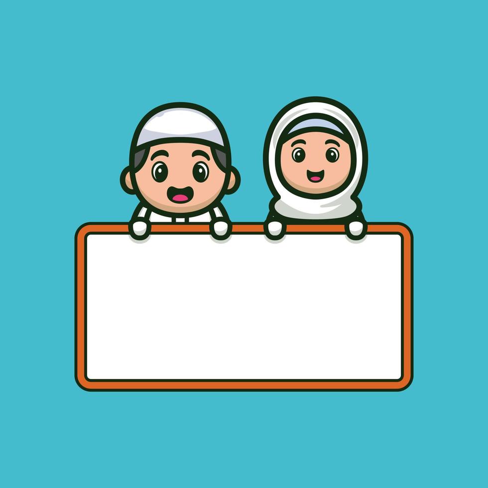 Cute muslim boy and girl holding blank board vector