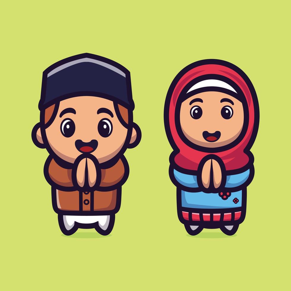 Cute muslim boy and girl celebrating eid mubarak cartoon vector illustration, Ramadhan mascot cartoon character