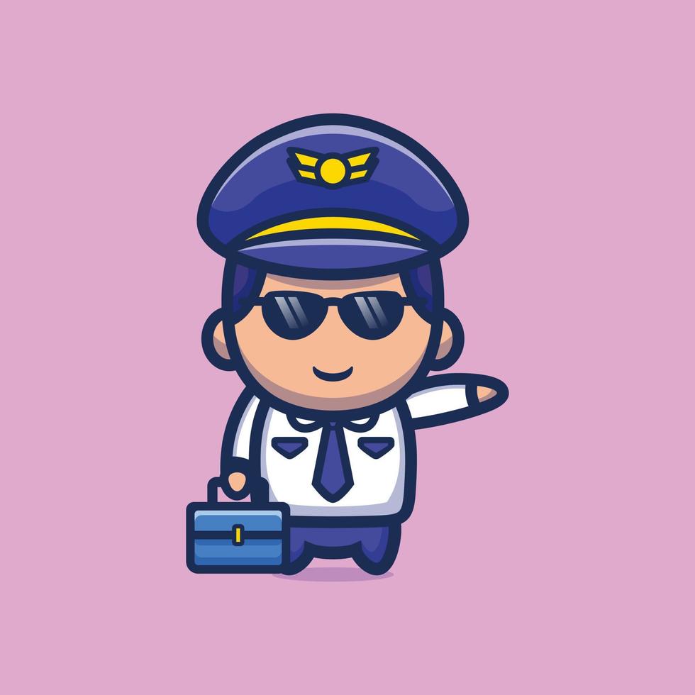 Cute pilot holding suitcase cartoon premium vector