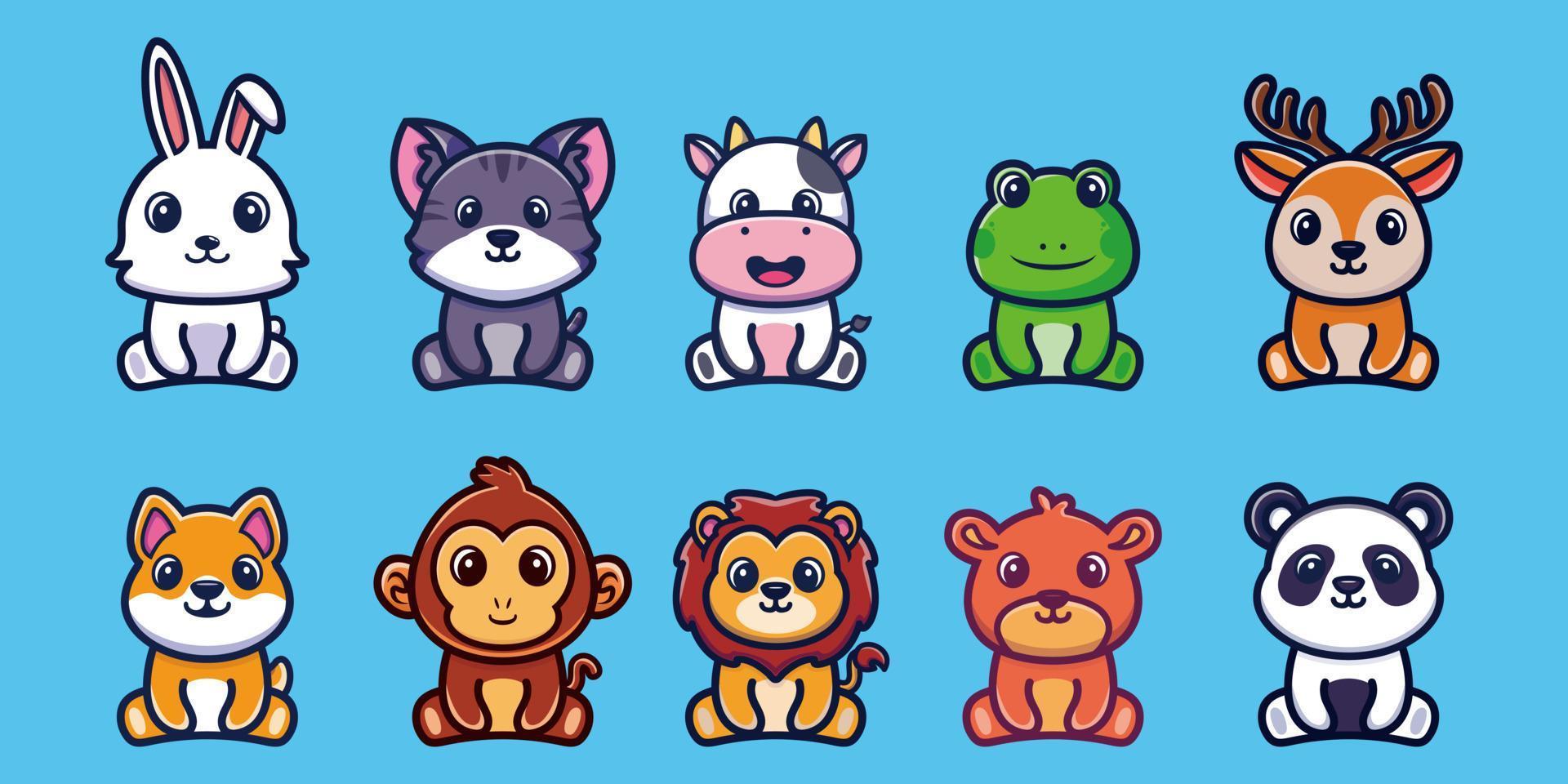 conjunto de lindo diseño de personajes de dibujos animados de animales sentados vector