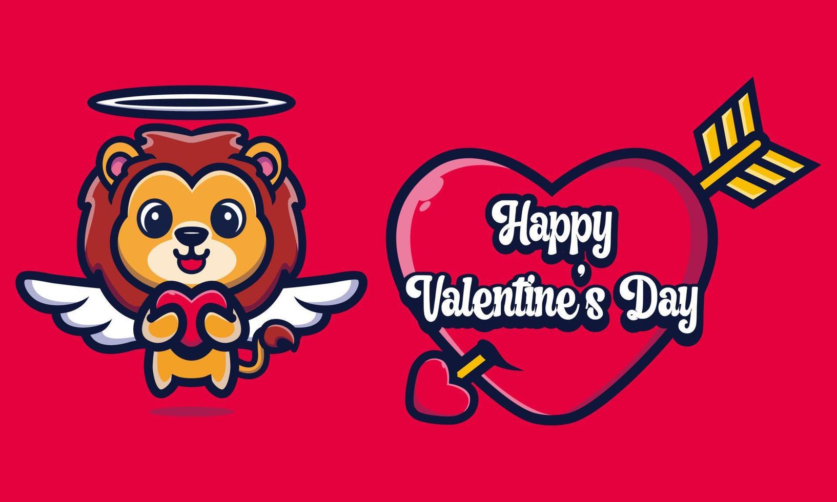 lindo león abrazando un corazón con saludos de feliz día de san valentín vector