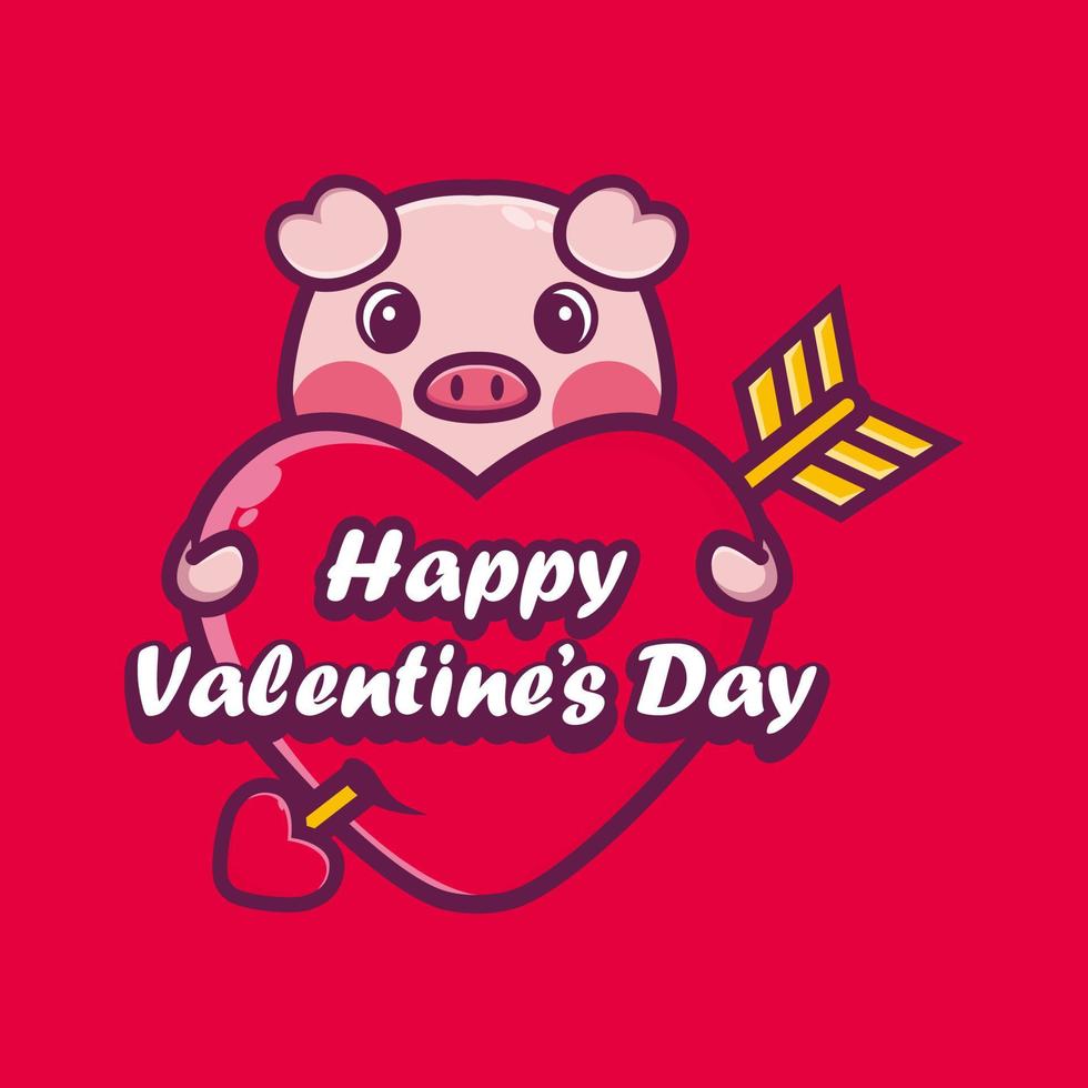 lindo cerdo abrazando un corazón con saludos de feliz día de san valentín vector