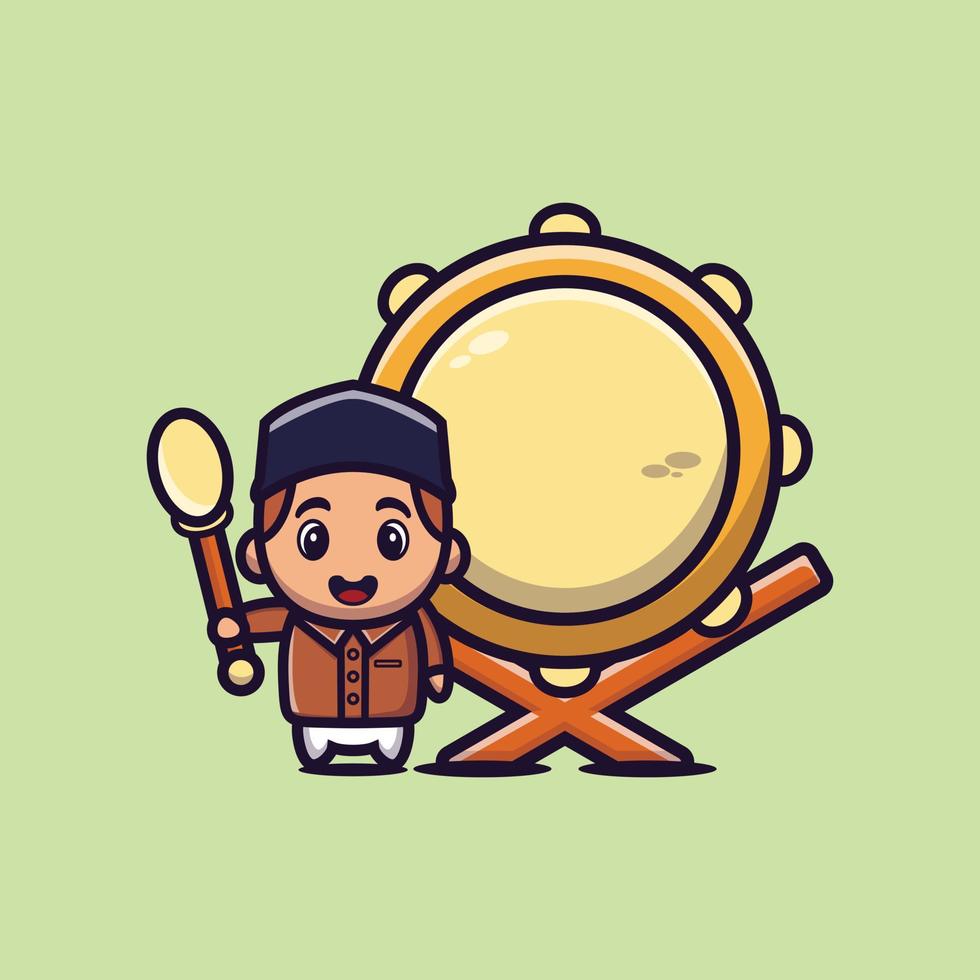 Cute boy hitting bedug drum with stick cartoon vector illustration