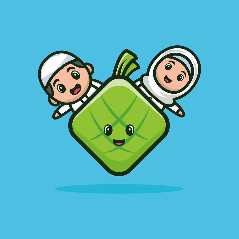 Cute muslim boy and girl couple with cute ketupat cartoon vector icon illustration