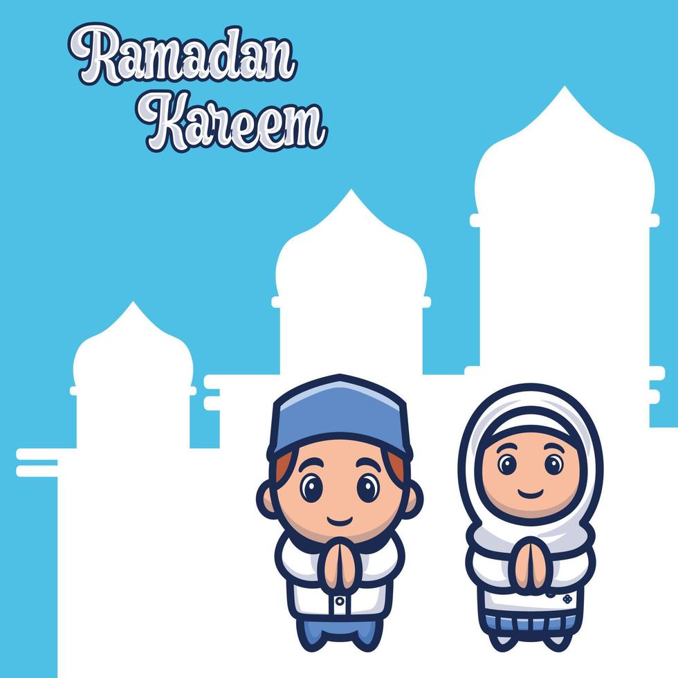 Ramadan greeting card with cute cartoon muslim vector