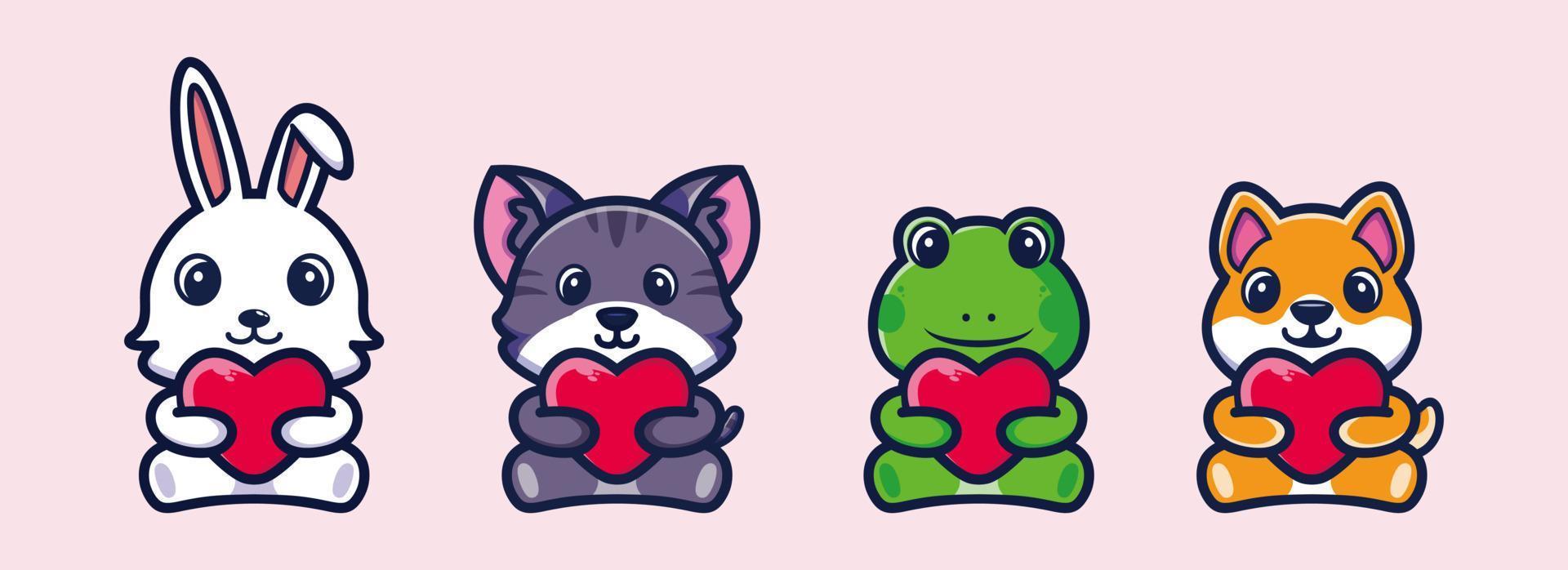 lindo animal sentarse y sostener el vector premium del corazón. diseño de dibujos animados de personajes. conejo, gato, rana, perro