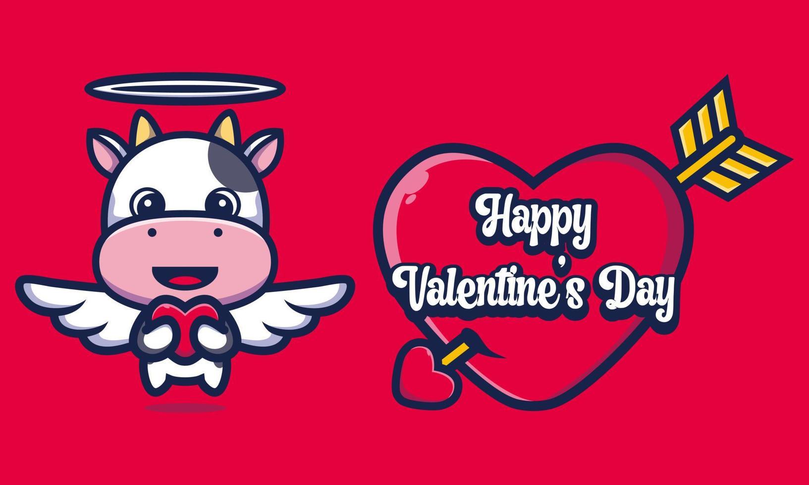 vaca linda abrazando un corazón con saludos de feliz día de san valentín vector