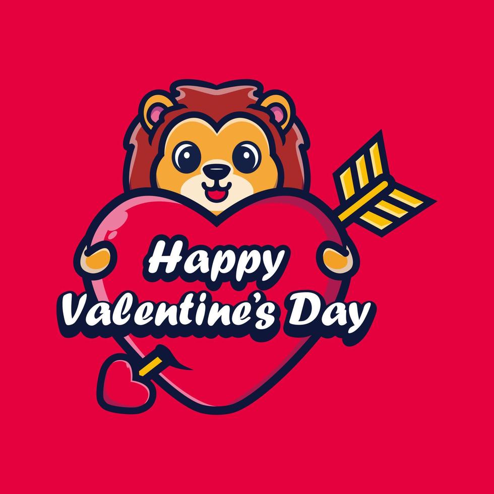 lindo león abrazando un corazón con saludos de feliz día de san valentín vector