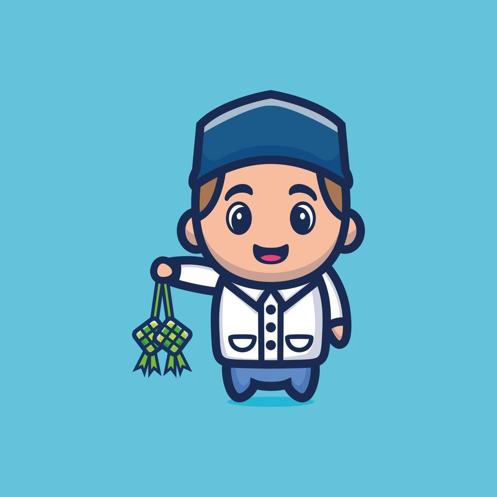 Cute boy holding ketupat icon illustration, Ramadhan mascot cartoon character design vector