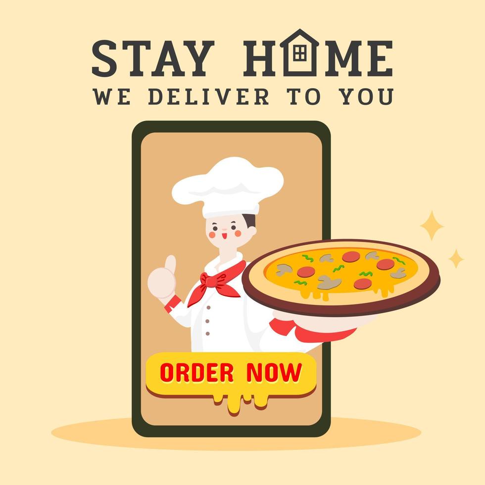 Pizza , online delivery ,Pizza Delivery Website Banner in Flat Linear Vector Style.Food delivery service.Served by Chef.Stay home.Online pizza order on smartphone.order now.young man chef baked pizza.