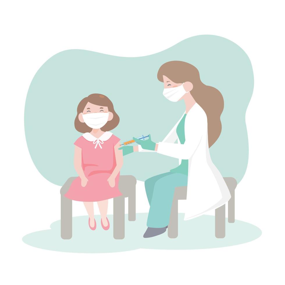 Time to vaccinate. Doctor in clinic giving coronavirus vaccine to children.little girl and doctor. vaccination of the kid at hospital.prevention COVID-19.flat design vector illustion.covid vaccine.