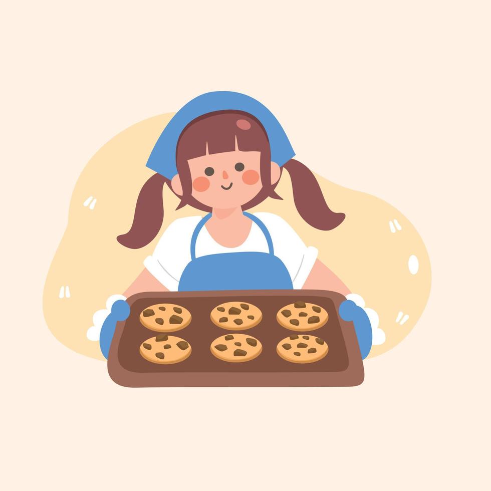 personaje de panadero. mujer joven horneando galletas de chispas de chocolate frescas. chica linda que sirve panadería casera. trozo delicioso o galleta de chispas de chocolate suave. actividad de estancia en casa. vector plano, cocinando comida en casa.