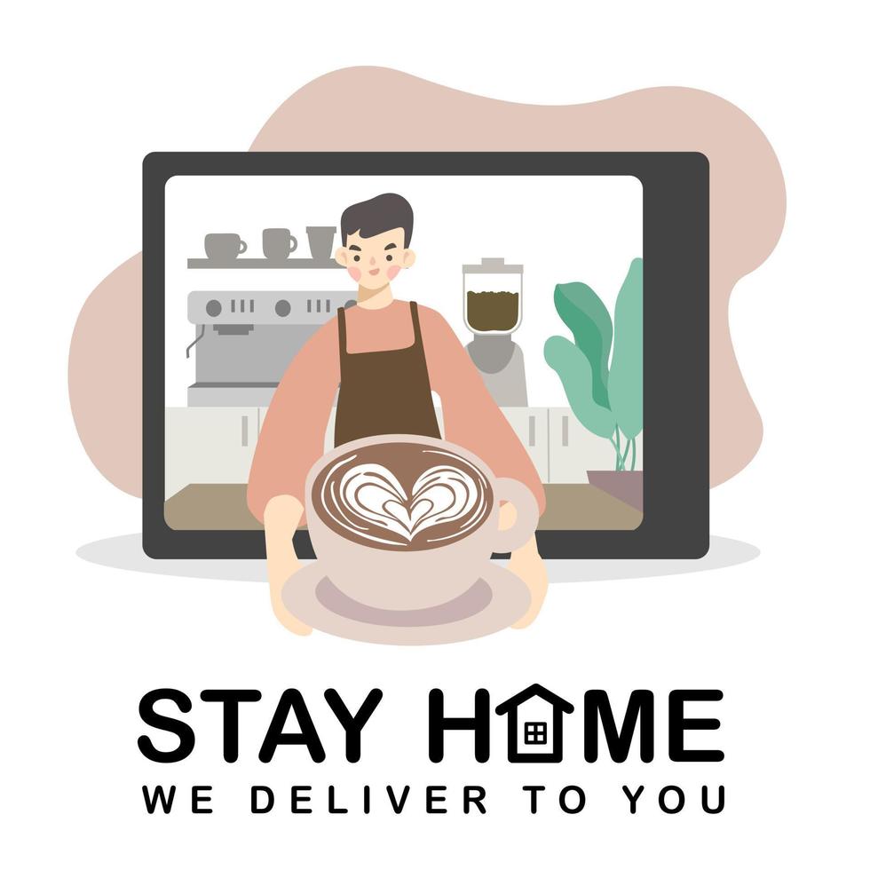 Online coffee shop.coffee delivery.Young Barista man making latte art with coffee.smile barista in coffee shop.flat character design.order on smartphone or mobile.stay home,we deliver. vector