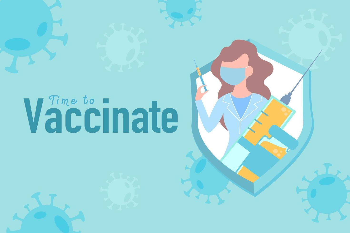 vacuna contra el coronavirus.hora de vacunar.prevención de covid-19.médico que usa una máscara médica que sostiene la vacuna con jeringa para proteger el concepto de virus.ilustración vectorial de diseño plano.detener el coronavirus. vector