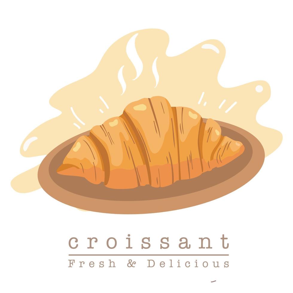 Single crispy croissant on wood plate.Delicious, fresh croissants on a white background. Croissants isolated. Vector illustion for bakery store,restaurant,coffee shop.