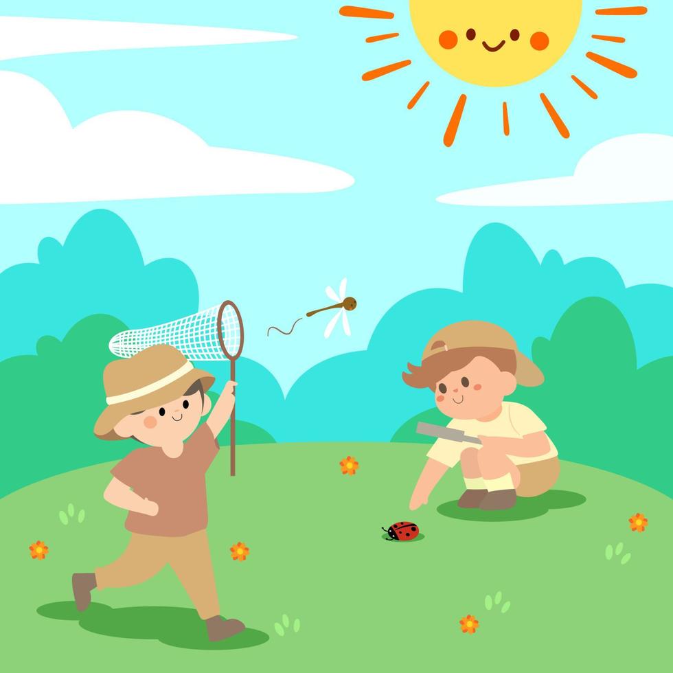 Summer Kids Camp.kids activities, children playing in playground, Girls and boys in camping costume.Summer camp with boy and girl at park.kindergarten outdoor observing nature. vector