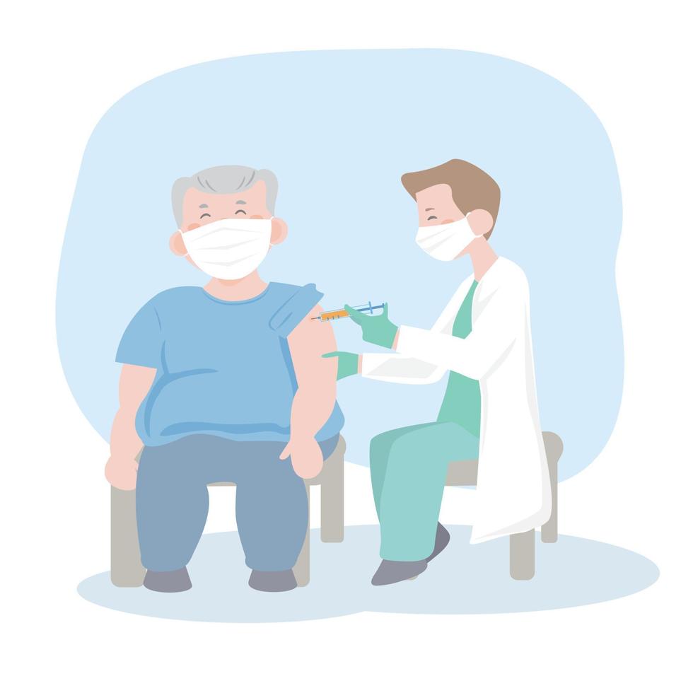 Coronavirus vaccination, doctor injecting a patient, getting first shot of covid vaccine in arm muscle. Medical doctor in protective suit and mask, process of immunization against covid-19, vector