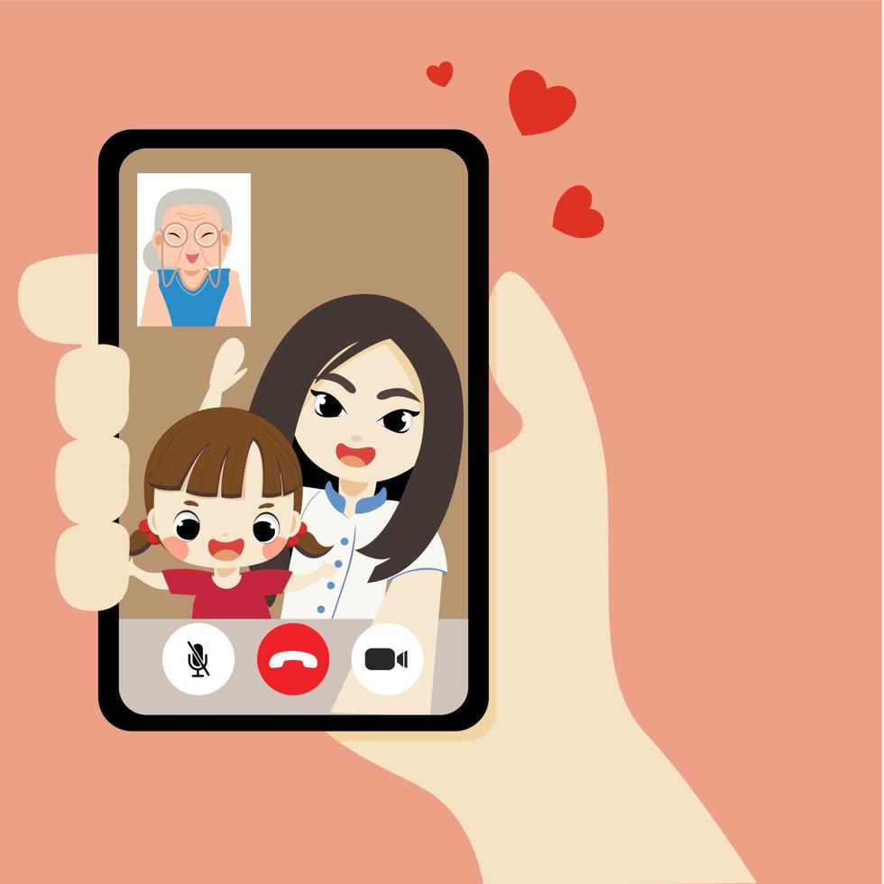 Social distancing, Young woman and kid, grandma are having video call using the smartphone. Stay at home and new normal lifestyle. vector