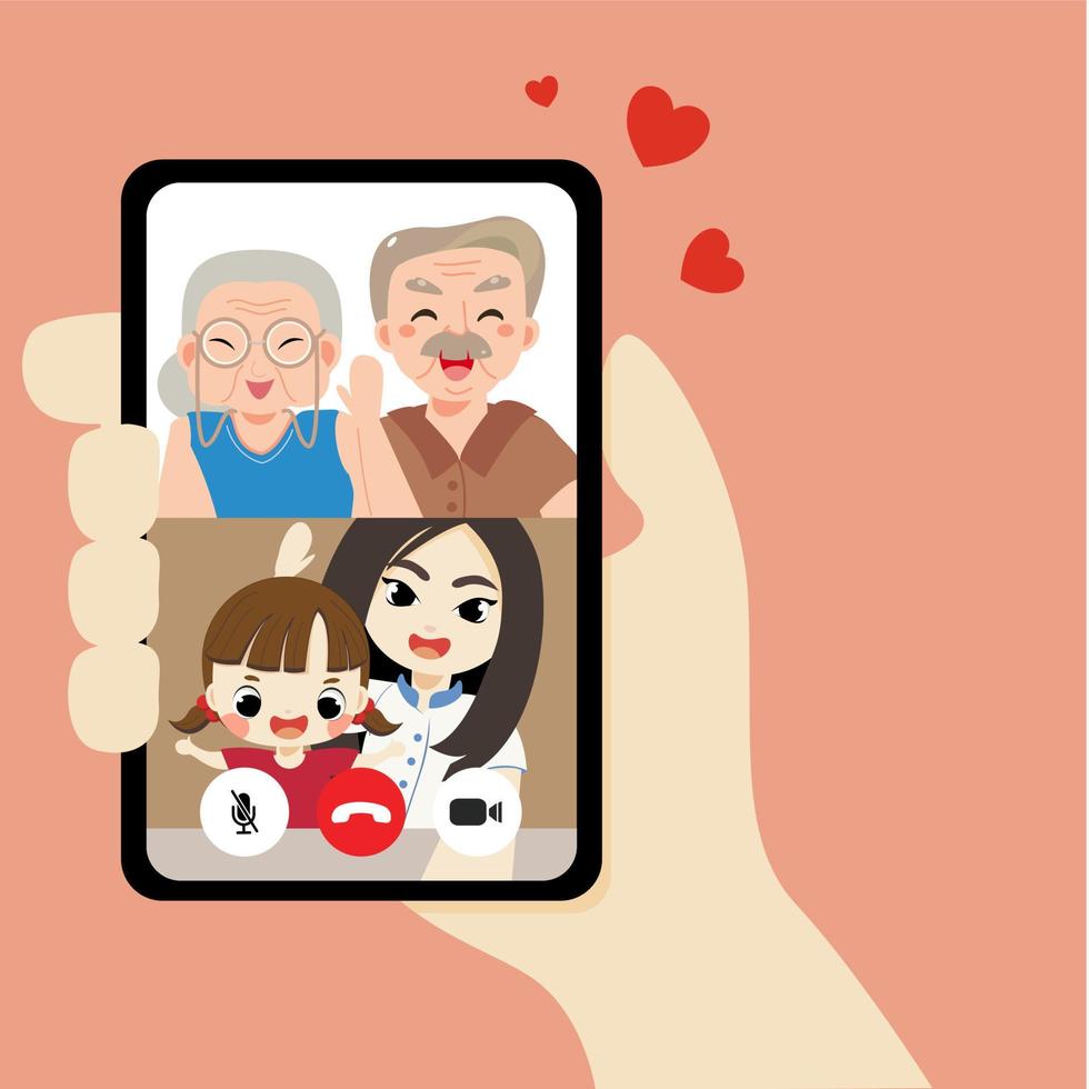 distanciamiento social, mujer joven y niño, abuelo, abuela están haciendo videollamadas usando el teléfono inteligente. Quédese en casa y un nuevo estilo de vida normal. vector