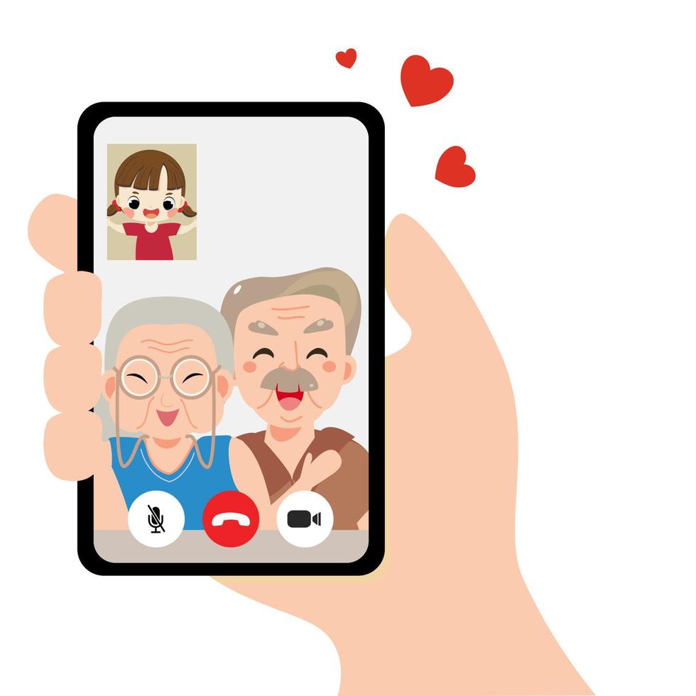 Social distancing, Grandpa and grandma, kid are having video call using the smartphone.Stay at home and new normal lifestyle. vector