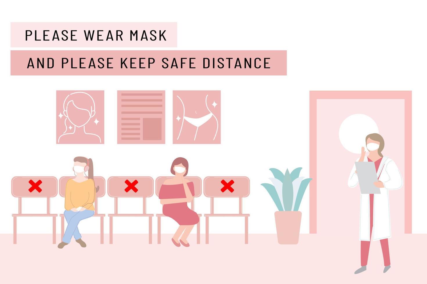 New normal lifestyle with social distancing.People wearing mask keep distance when sitting in queue, waiting for doctors.Hospital or beauty clinic reception waiting room .Protection pandemic covid-19 vector