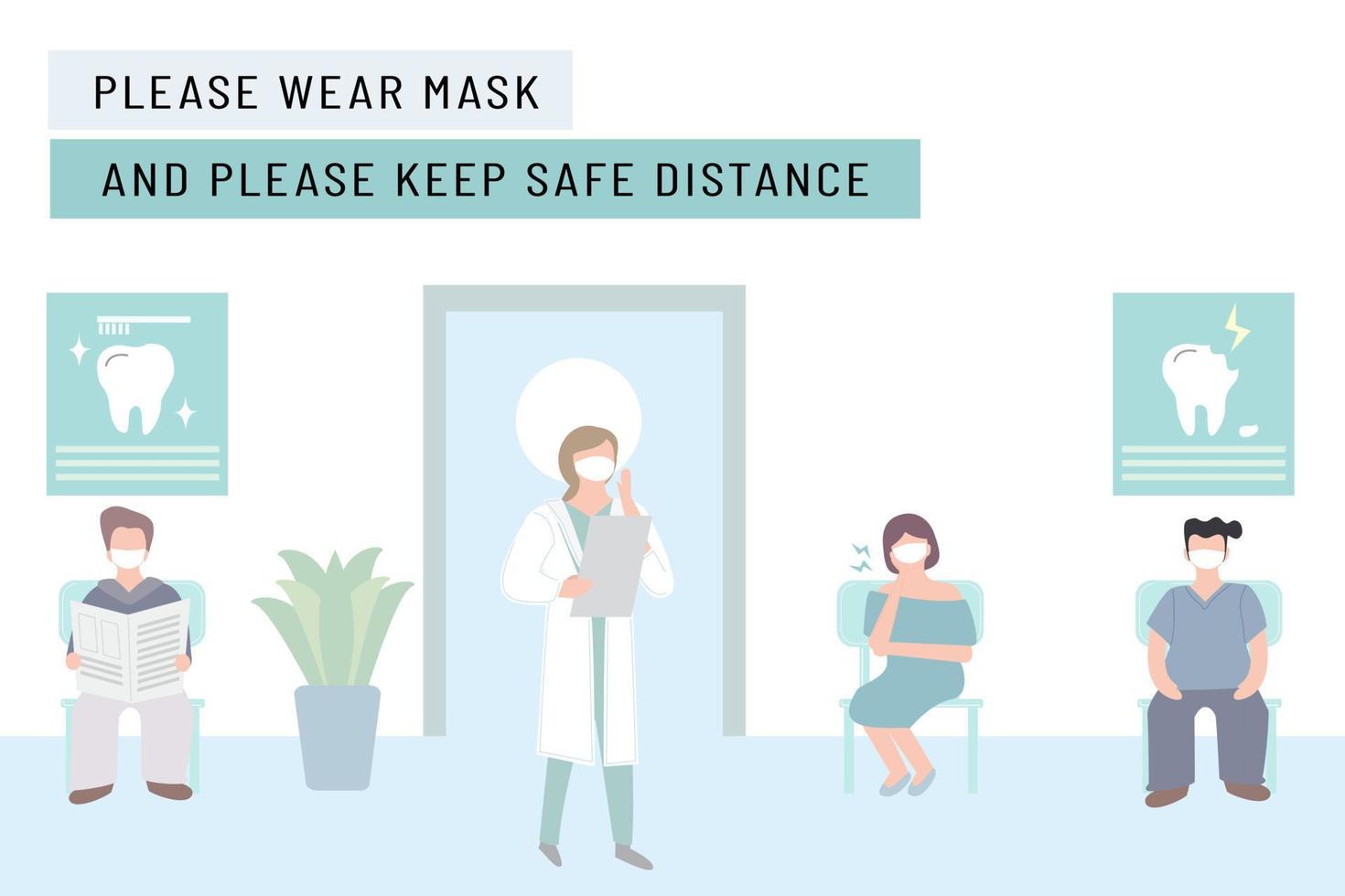 New normal lifestyle with social distancing.People wearing mask keep distance when sitting in queue, waiting for doctors.Hospital or Dental clinic reception waiting room .Protection pandemic covid-19 vector