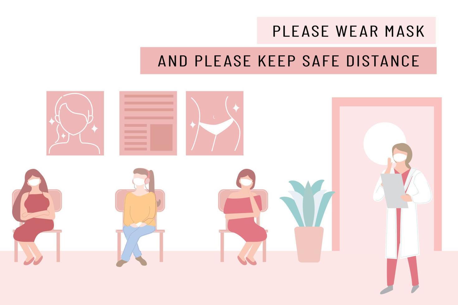 New normal lifestyle with social distancing.People wearing mask keep distance when sitting in queue, waiting for doctors.Hospital or beauty clinic reception waiting room .Protection pandemic covid-19 vector