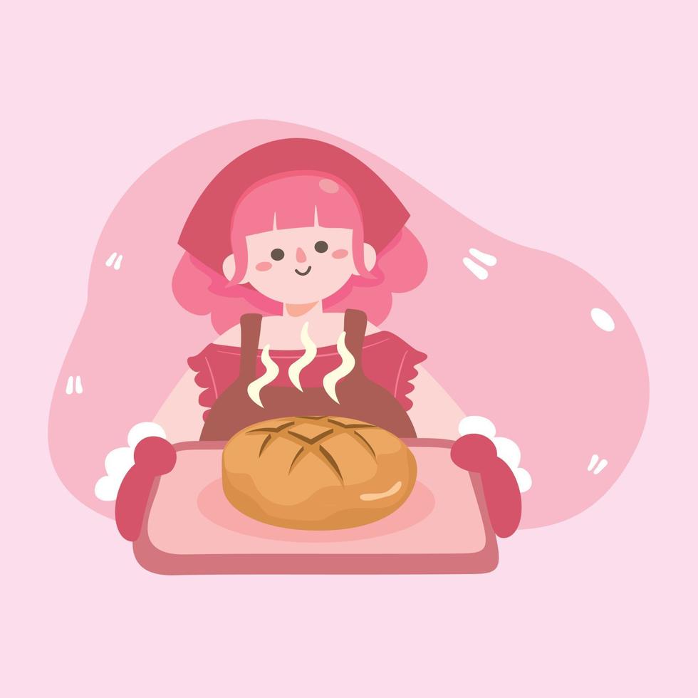 mujer joven horneando pan de masa fermentada fresca. linda chica sirviendo panadería casera. pan delicioso. quédese en casa actividad. ilustración de vector plano sobre cocinar comida en casa.