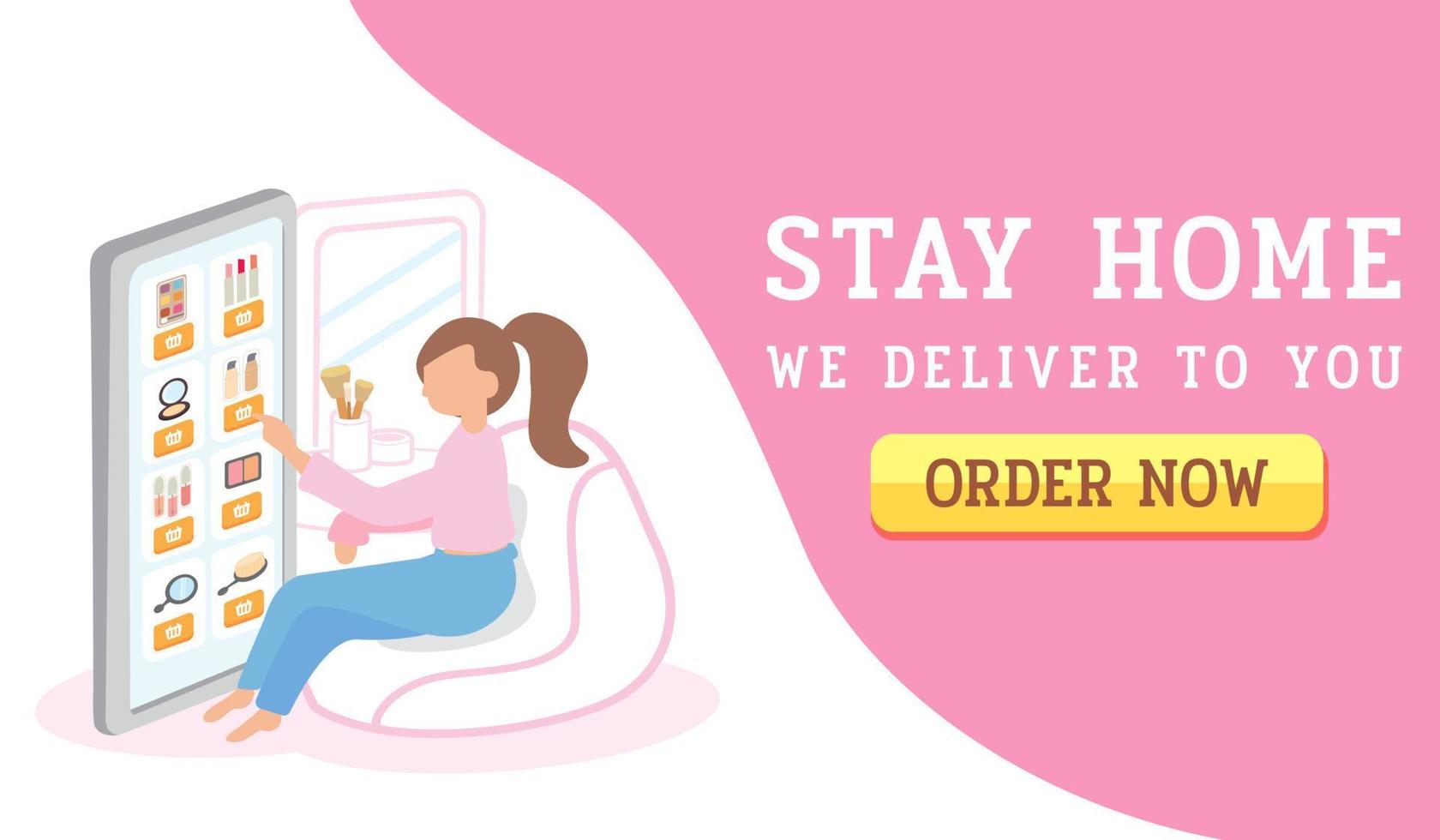 online cosmetic shop.Online marketplace.delivery service.Beauty store on Website or Mobile Application.flat Vector Concept Marketing and Digital marketing.New Normal lifestyle.Stay home, we deliver.