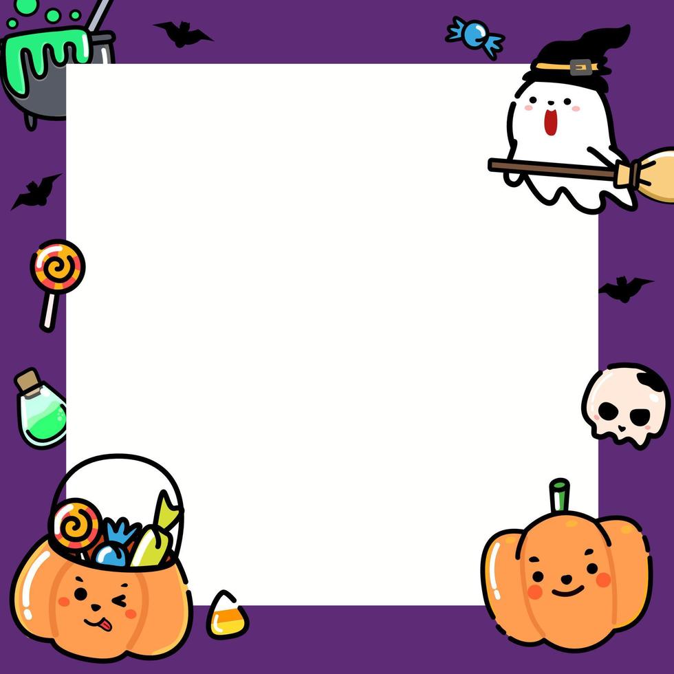 concepto de halloween tarjeta linda púrpura con marco cuadrado fondo de vacaciones de diseño plano de dibujos animados mínimo para banner, bloc de notas. ilustración vectorial vector