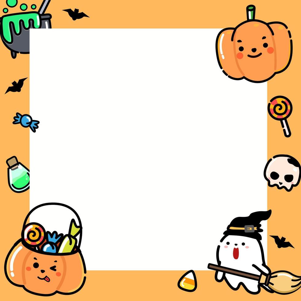 concepto de halloween. tarjeta linda naranja con marco cuadrado. fondo de vacaciones de diseño plano de dibujos animados mínimos para banner, bloc de notas. ilustración vectorial vector