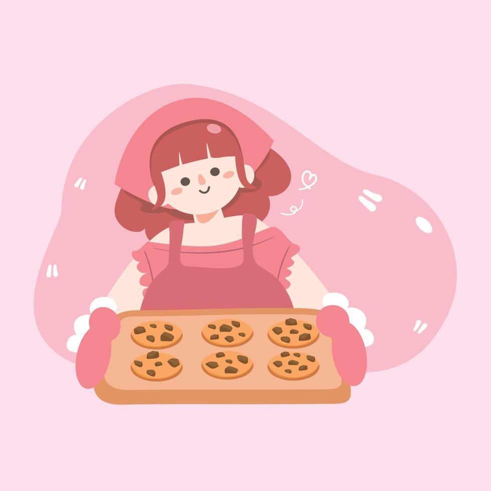 personaje de panadero. mujer joven horneando galletas de chispas de chocolate frescas. chica linda que sirve panadería casera. trozo delicioso o galleta de chispas de chocolate suave. actividad de estancia en casa. vector plano, cocinando comida en casa.