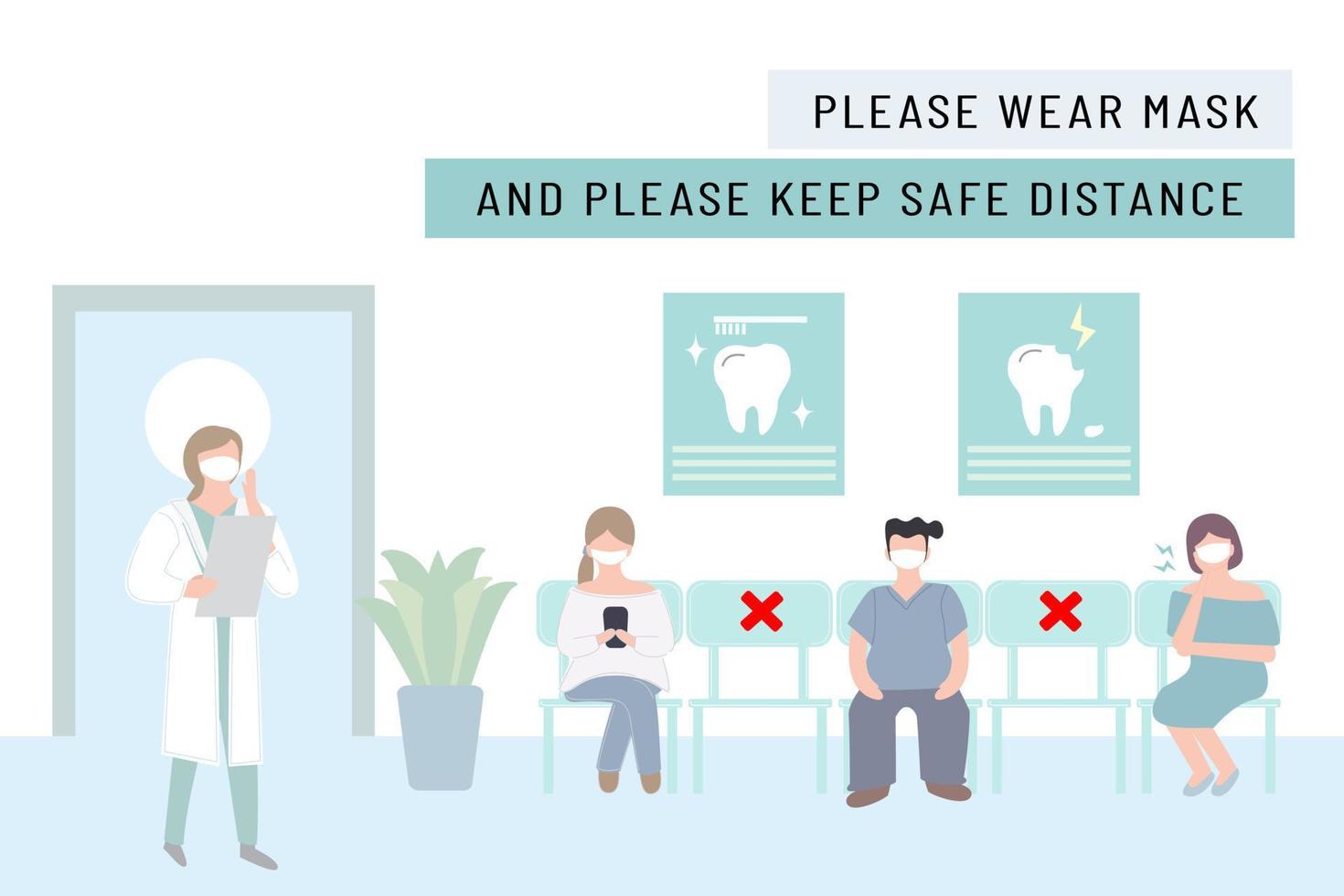 nuevo estilo de vida normal con distanciamiento social. las personas que usan máscaras mantienen la distancia cuando están sentadas en la cola, esperando a los médicos. sala de espera de recepción de hospitales o clínicas dentales. protección pandémica covid-19 vector