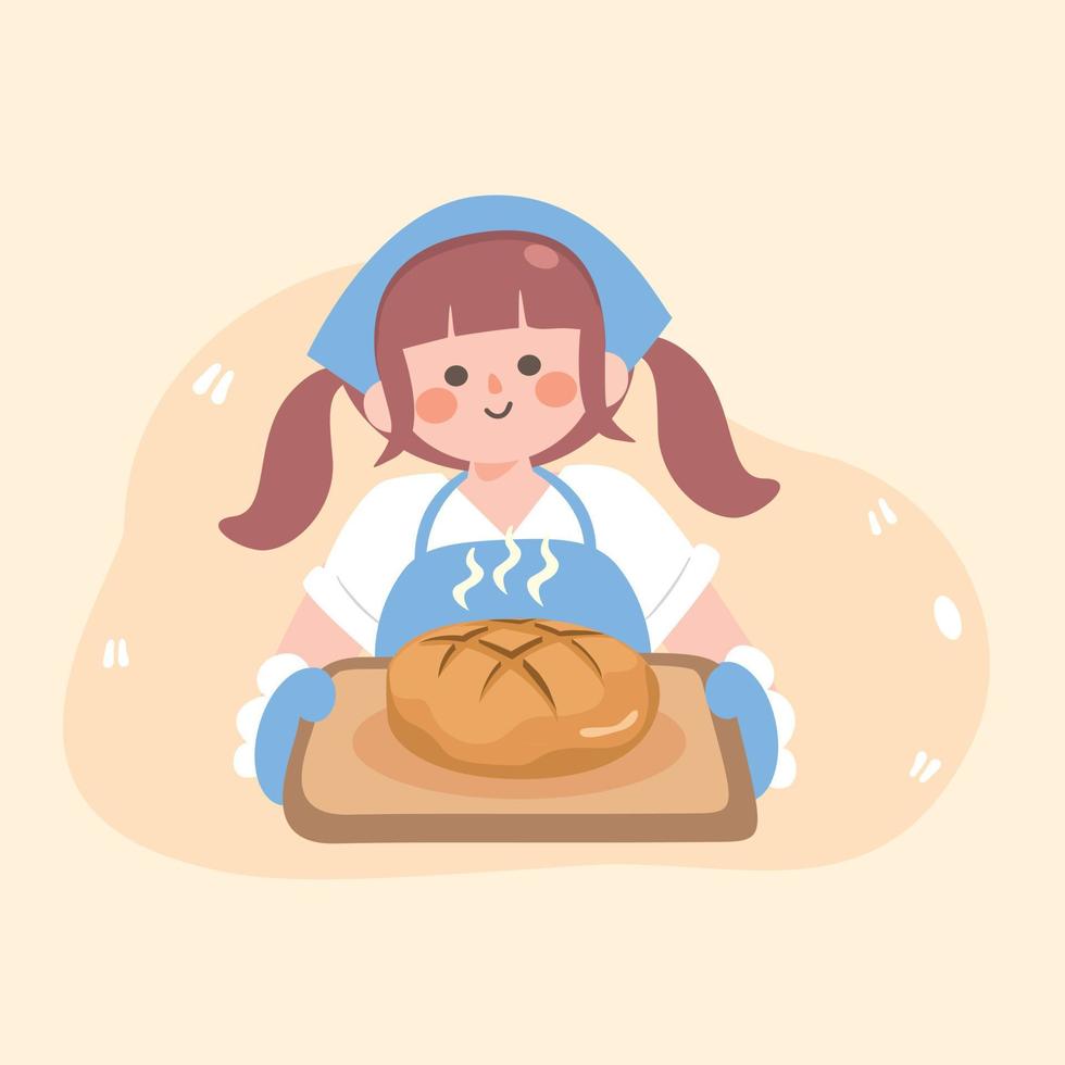 mujer joven horneando pan de masa fermentada fresca. linda chica sirviendo panadería casera. pan delicioso. quédese en casa actividad. ilustración de vector plano sobre cocinar comida en casa.