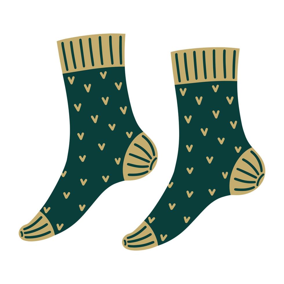 Pair of warm knitted socks vector icon. Cozy wool accessory for autumn and winter. Fluffy stockings with pattern, stripes. Flat cartoon style, hand drawn illustration isolated on white background