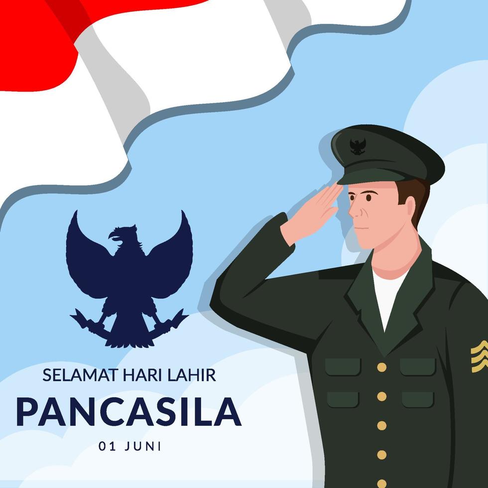 pancasila day illustration with soldier saluting vector