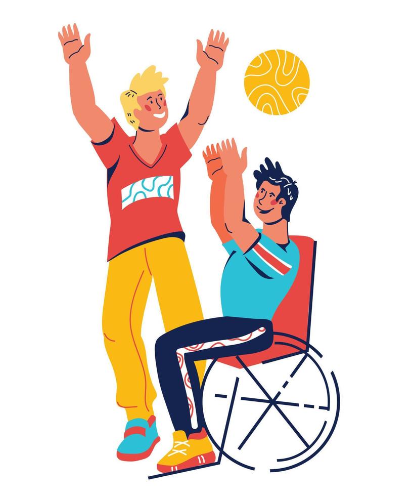 Active disabled man in wheelchair performing sport activity, flat vector illustration isolated. Handicapped people with moving difficulties socialization and rehabilitation, active social life.