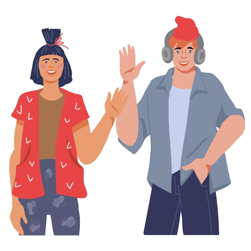 alegres jóvenes felices saludando y saludando con la mano en gesto de saludo, ilustración vectorial plana aislada en fondo blanco. vector