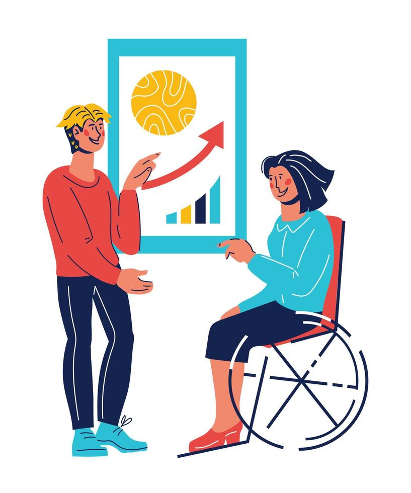 Employment opportunity for disabled people - woman in wheelchair working in business team, vector illustration isolated. Environment accessibility for handicapped persons and socialization.