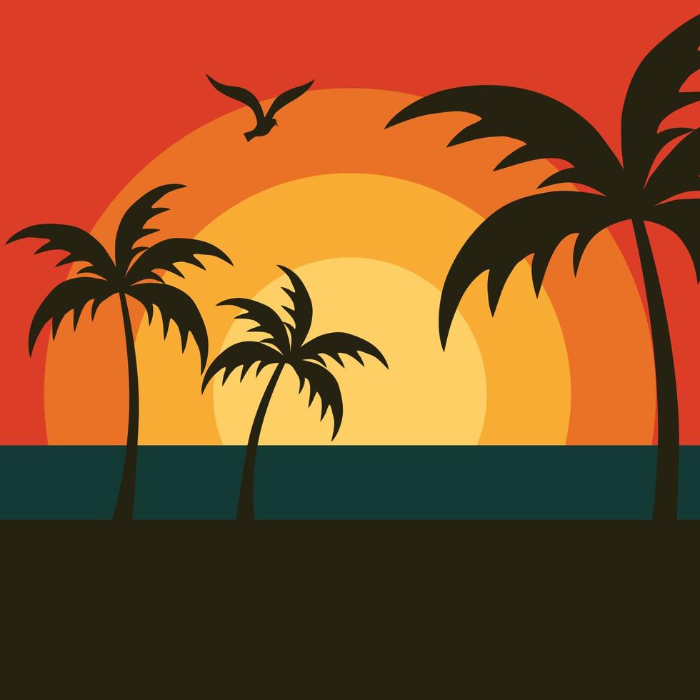 puesta de sol gráfica en la playa con palmeras vector