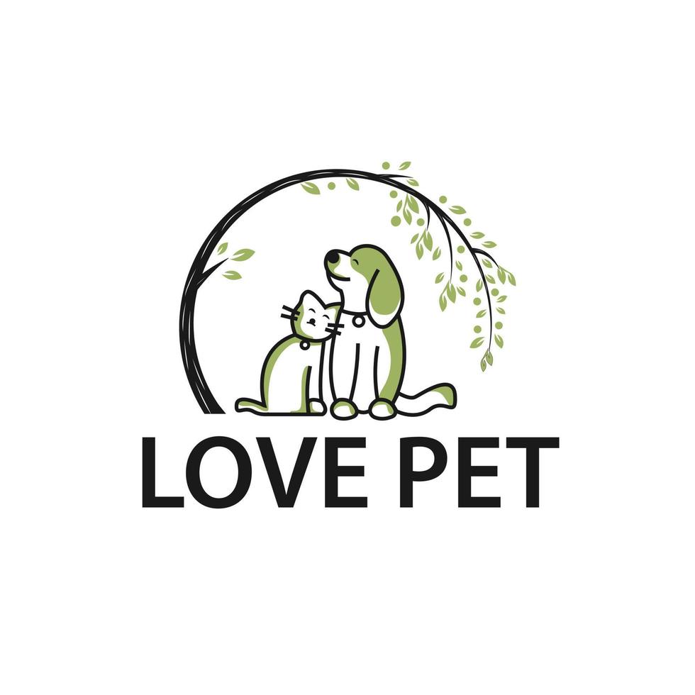 logotipo de mascota de perro y gato con diseño de plantilla de vector de árbol verde