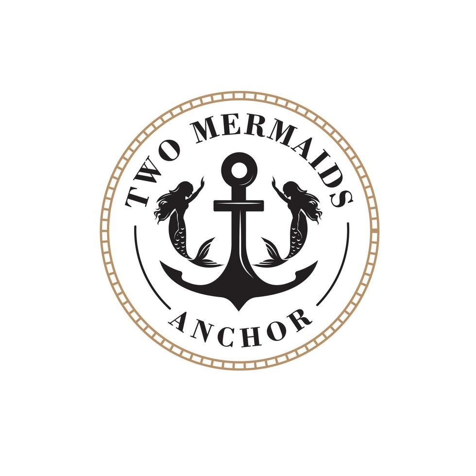 Logo design of two beautiful mermaids with long hair on anchor background in vintage traditional style, frill vector