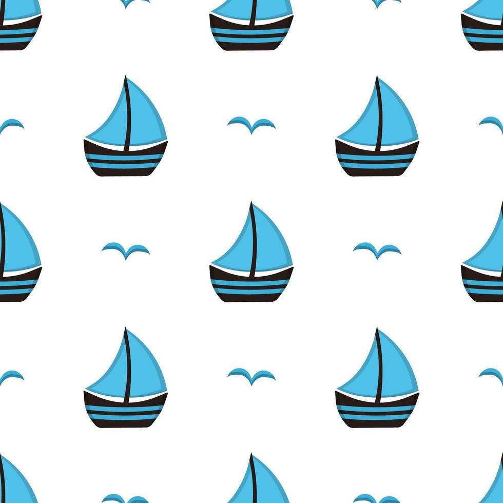 Seamless pattern. Blue sailing boat with gulls. vector