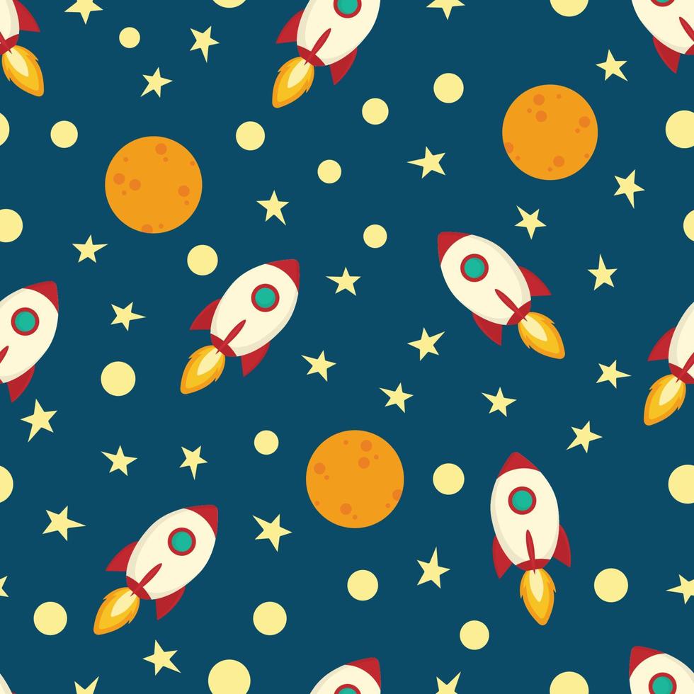 Space rocket flies near the moon on a dark blue background. vector