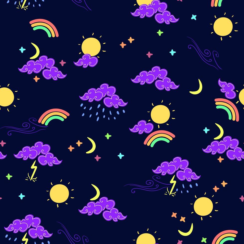 Seamless weather pattern with colorful elements.Dark background with sun, wind, cloud, rain, lightning, moon, stars, rainbow and storm elements. vector